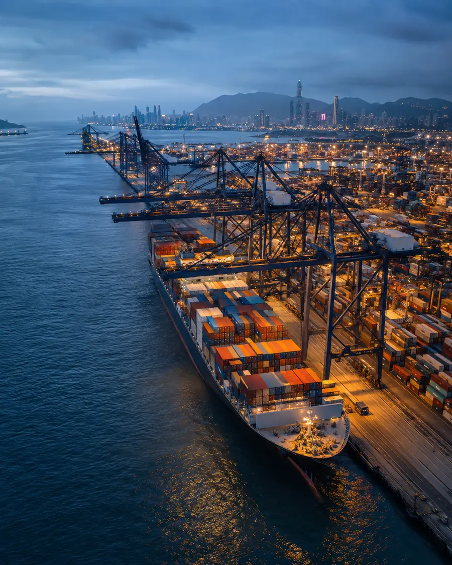 Modern Shenzhen container port and international cargo terminal at dusk